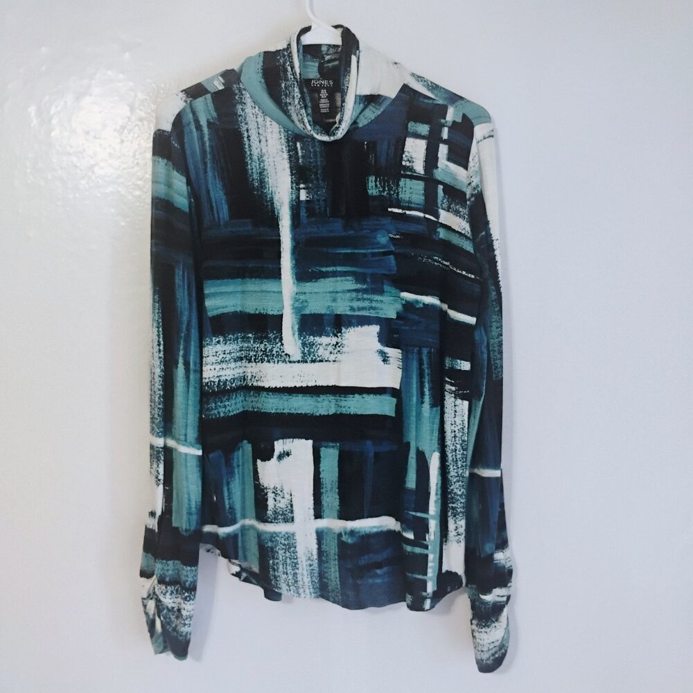 Jones New York Abstract Print Cowl Neck Long Sleeve Top Elastic Cuffs Size M